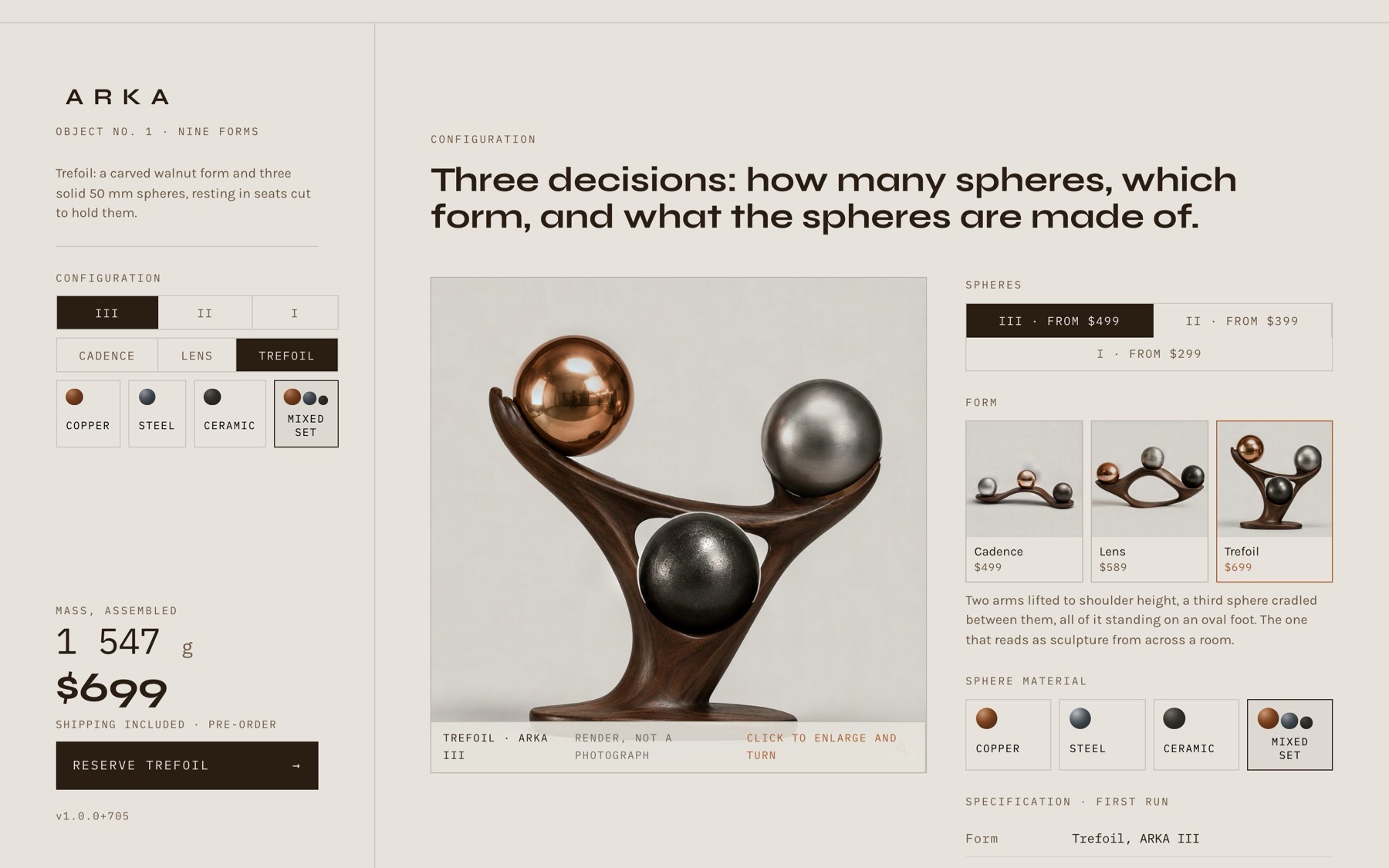 Three decisions (sphere count, form, material) with mass and price recomputed on every change