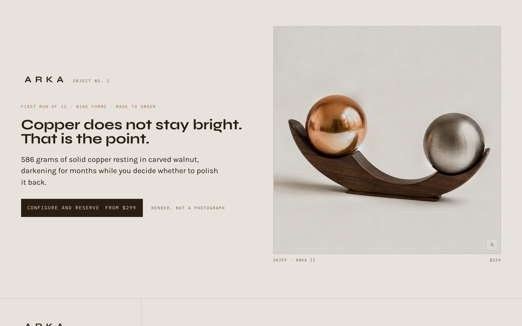 ARKA: product page hero with copper and steel spheres resting in a carved walnut form