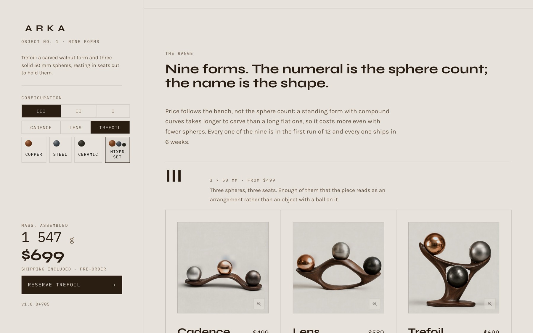 The range: nine forms, each with its own dimensions, mass, and bench time behind the price