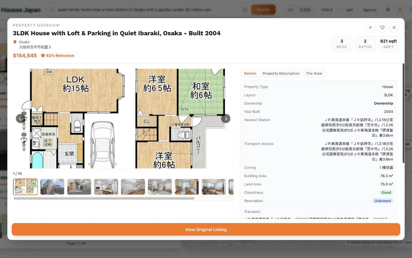 A listing detail page: normalized fields from the Japanese source listing (layout, ownership, year built, nearest station, zoning, areas in m2) with a floorplan gallery, relevance score, and market read
