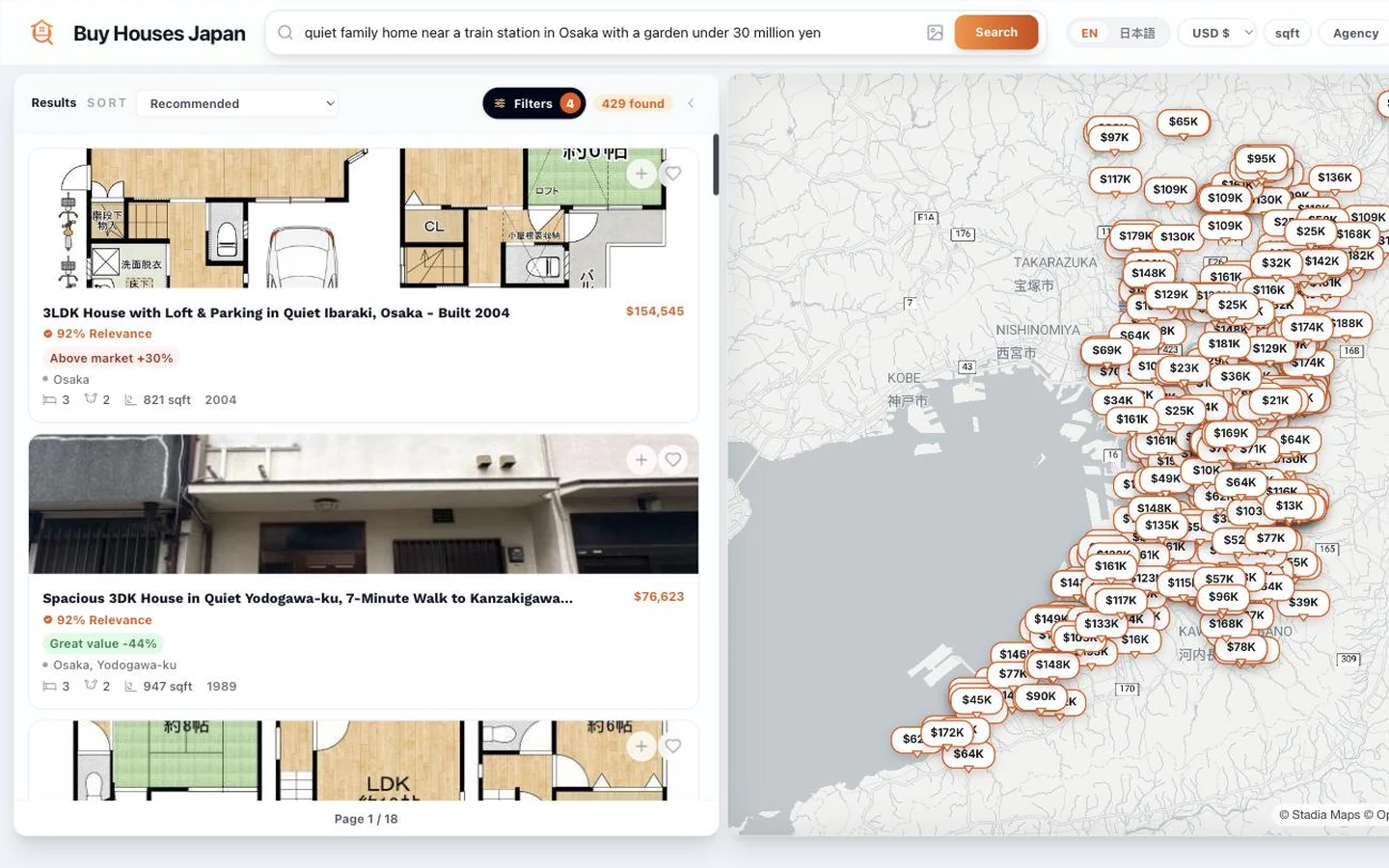 Buy Houses Japan search results: listing cards beside the interactive map with price pins