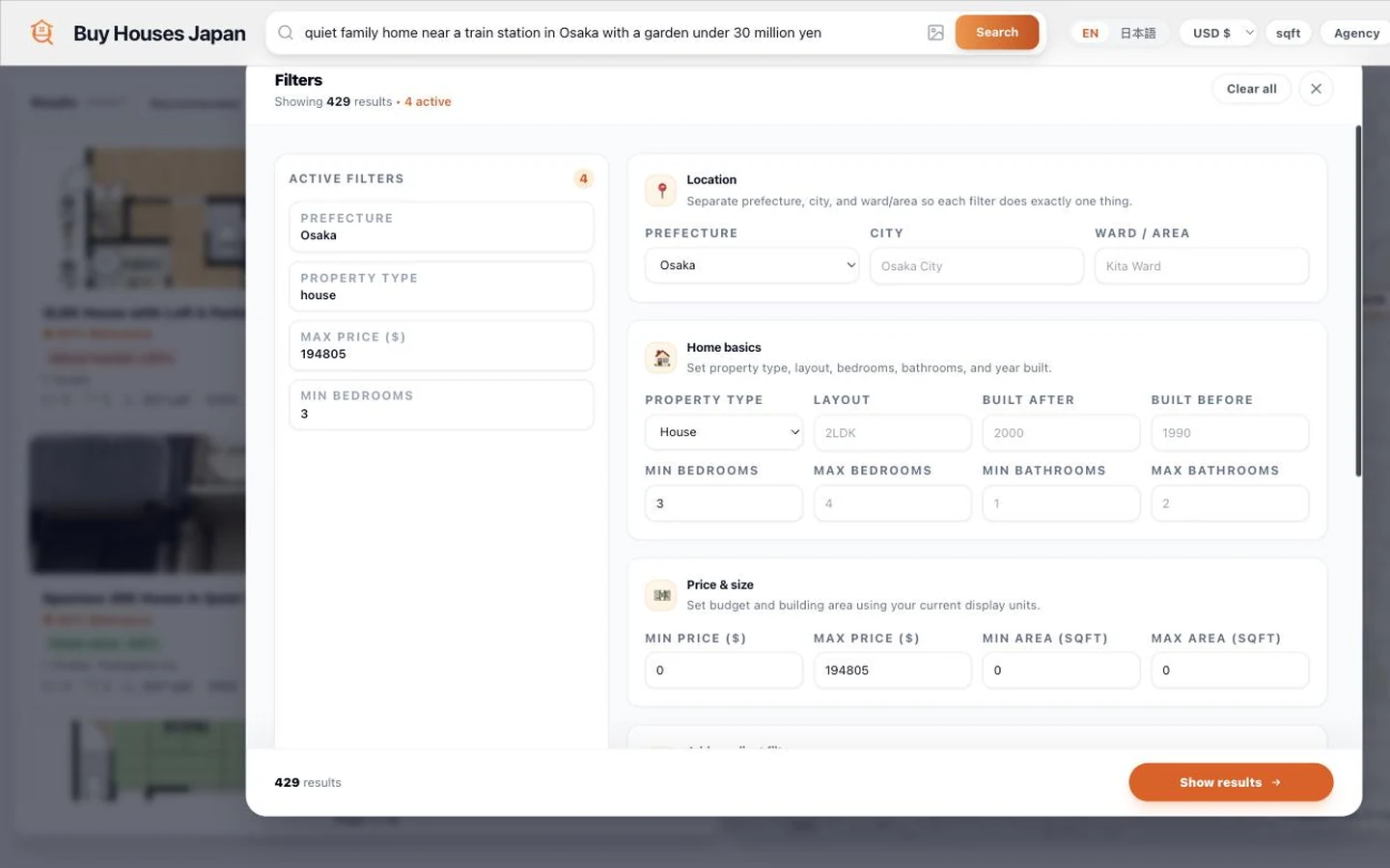 The filter panel after a plain-sentence search: four AI-derived filters (Osaka, house, max price, minimum 3 bedrooms) shown as editable fields next to the manual filter form