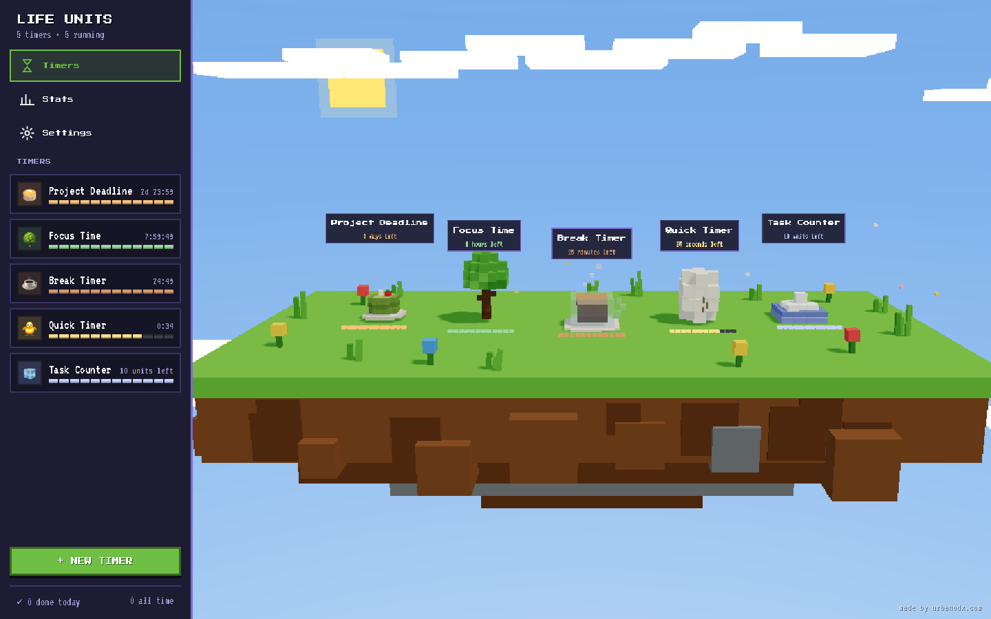 Life Units: voxel timer world with five live timers