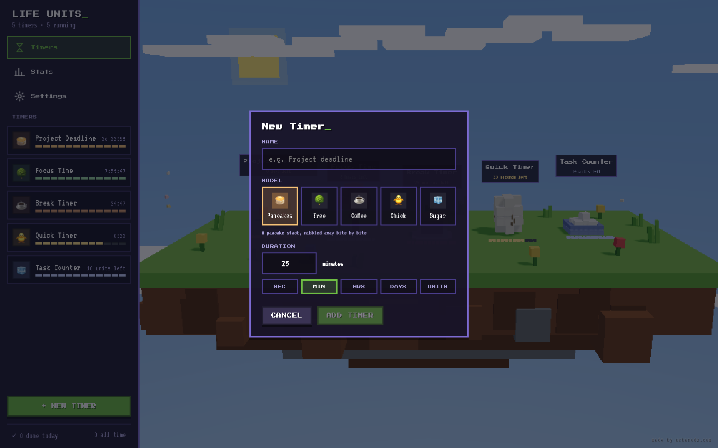 Creating a timer: five model variants (pancakes, tree, coffee, chick, sugar) and five time units